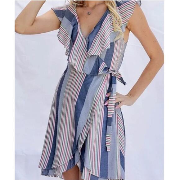 Davi & Dani Medium Womens Multicolor Striped Blue Flowy Sleeveless Wrap Dress - Picture 1 of 8